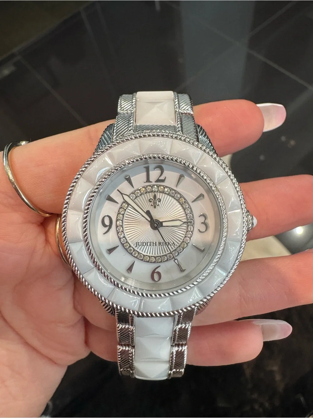 Judith Ripka Silvertone Watch White Pyramid Stud Stone Bezel Textured Link Band
